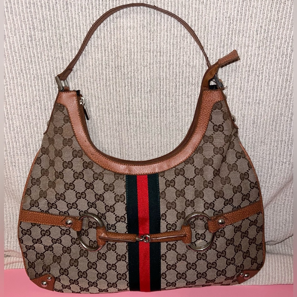 2000s Gucci Monogram Canvas & Leather Horsebit Chain Hobo Bag